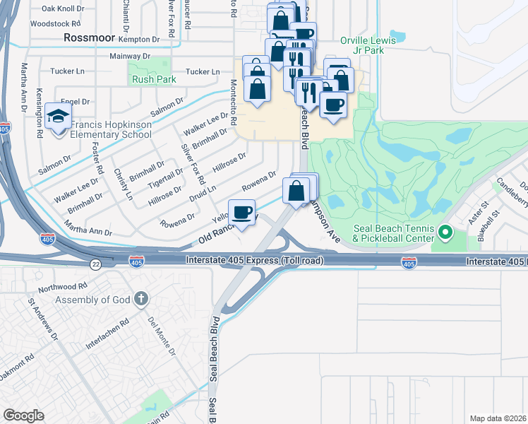 map of restaurants, bars, coffee shops, grocery stores, and more near 3009 Old Ranch Parkway in Seal Beach