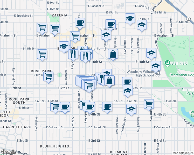 map of restaurants, bars, coffee shops, grocery stores, and more near 777 Loma Avenue in Long Beach