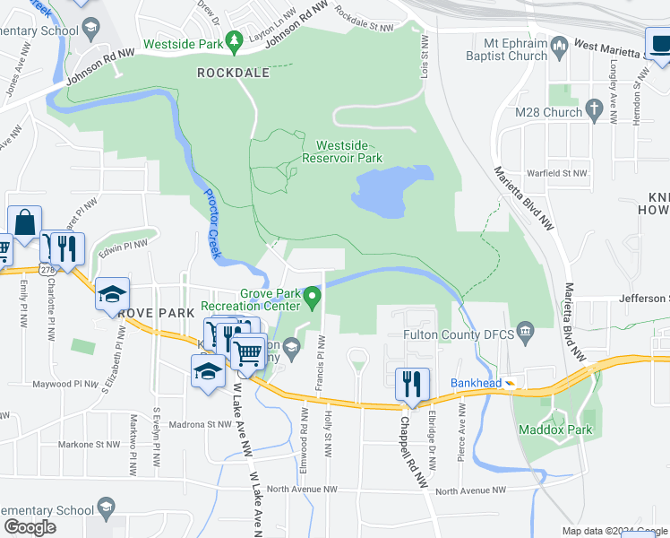 map of restaurants, bars, coffee shops, grocery stores, and more near 0 Grove Park Place Northwest in Atlanta