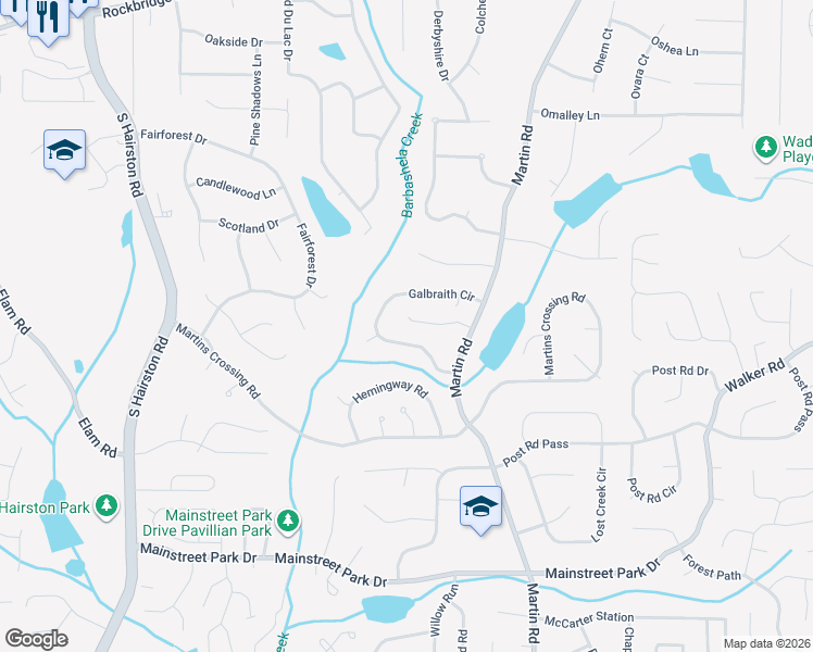 map of restaurants, bars, coffee shops, grocery stores, and more near 5121 Huxley Road in Stone Mountain