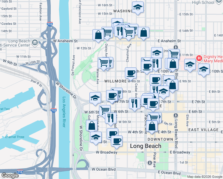 map of restaurants, bars, coffee shops, grocery stores, and more near 817 East Cypress Way in Long Beach