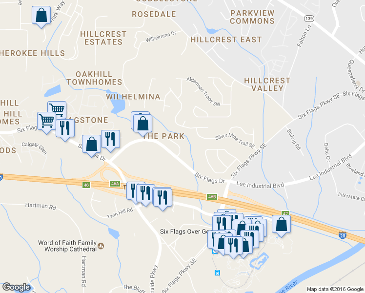 map of restaurants, bars, coffee shops, grocery stores, and more near 42 Golden Pine Road Southwest in Austell