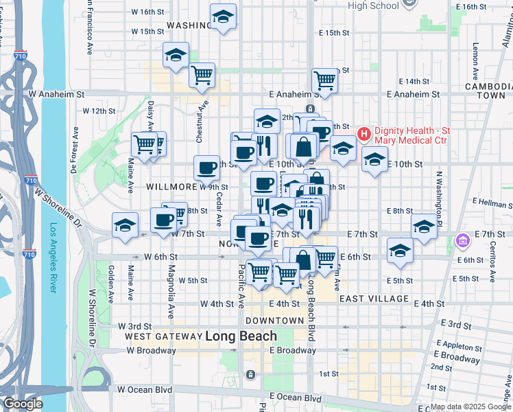 map of restaurants, bars, coffee shops, grocery stores, and more near 801 Pine Avenue in Long Beach