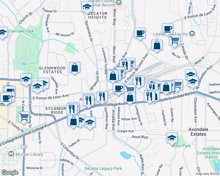 map of restaurants, bars, coffee shops, grocery stores, and more near in Decatur