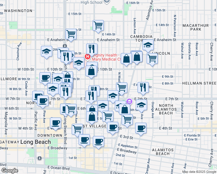 map of restaurants, bars, coffee shops, grocery stores, and more near 725 East 8th Street in Long Beach