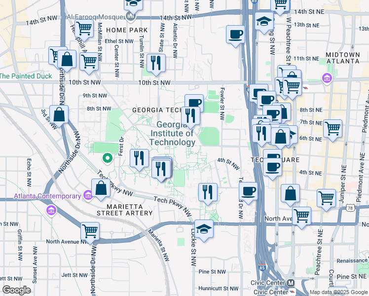 map of restaurants, bars, coffee shops, grocery stores, and more near 280 Ferst Drive in Atlanta