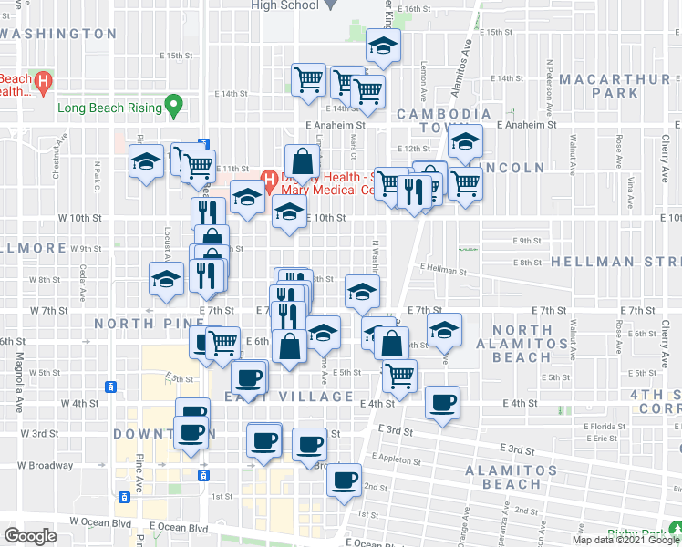 map of restaurants, bars, coffee shops, grocery stores, and more near 725 East 8th Street in Long Beach