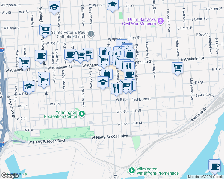 map of restaurants, bars, coffee shops, grocery stores, and more near 226 1/2 West F Street in Los Angeles