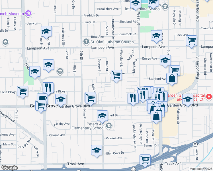 map of restaurants, bars, coffee shops, grocery stores, and more near 11716 Rose Drive in Garden Grove