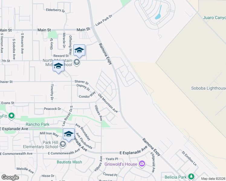 map of restaurants, bars, coffee shops, grocery stores, and more near 1499 Old Mountain Avenue in San Jacinto
