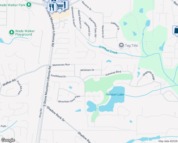 map of restaurants, bars, coffee shops, grocery stores, and more near 626 Antietam Drive in Stone Mountain