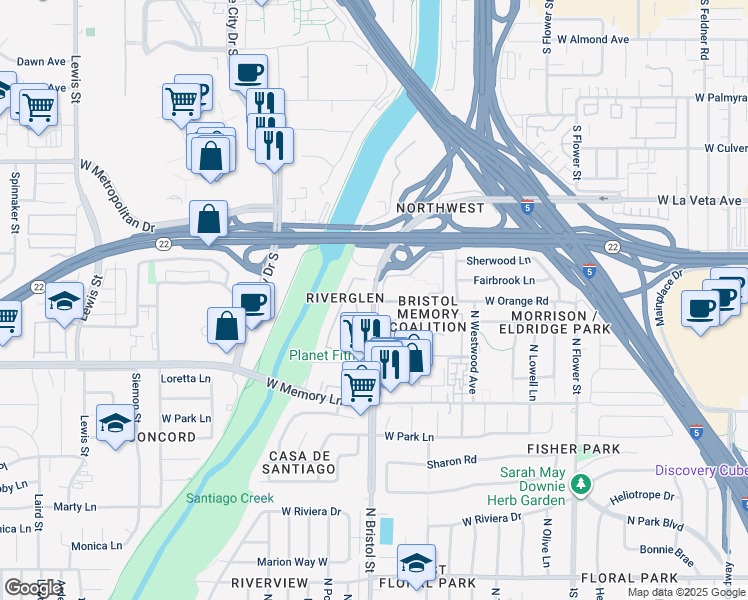 map of restaurants, bars, coffee shops, grocery stores, and more near 2869 Augusta Way in Santa Ana