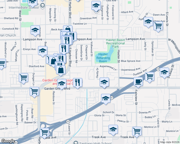 map of restaurants, bars, coffee shops, grocery stores, and more near 12791 Chaparral Drive in Garden Grove