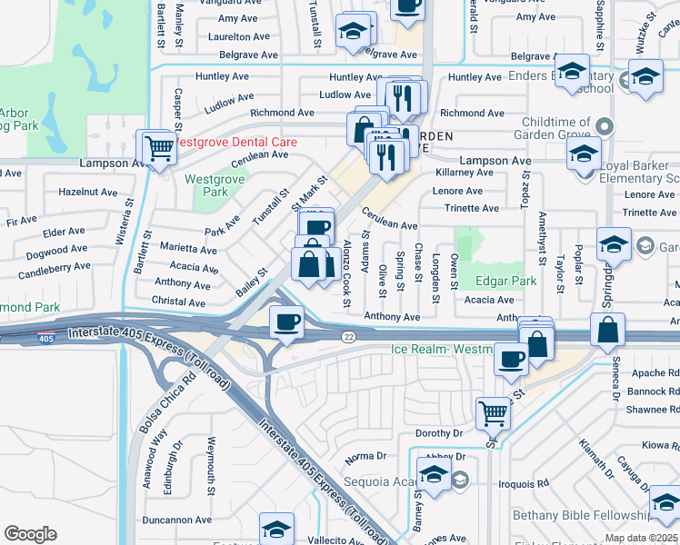map of restaurants, bars, coffee shops, grocery stores, and more near 12782 Alonzo Cook Street in Garden Grove