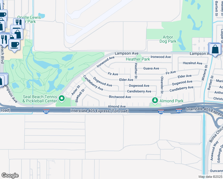 map of restaurants, bars, coffee shops, grocery stores, and more near 4317 Candleberry Avenue in Seal Beach