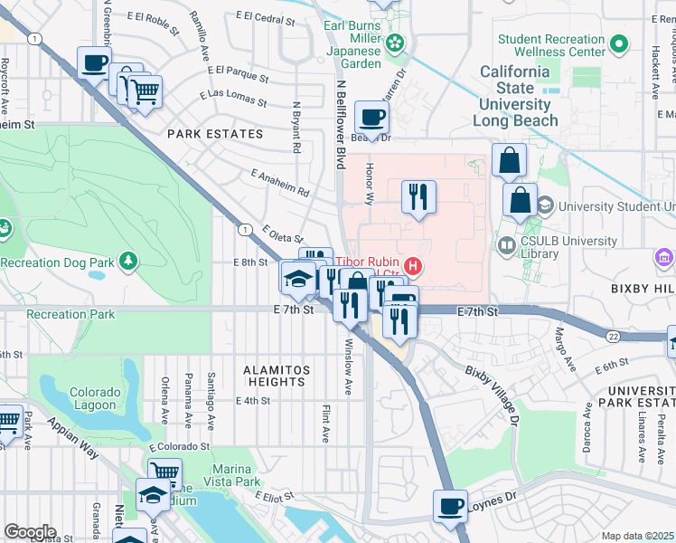 map of restaurants, bars, coffee shops, grocery stores, and more near 795 North Bellflower Boulevard in Long Beach