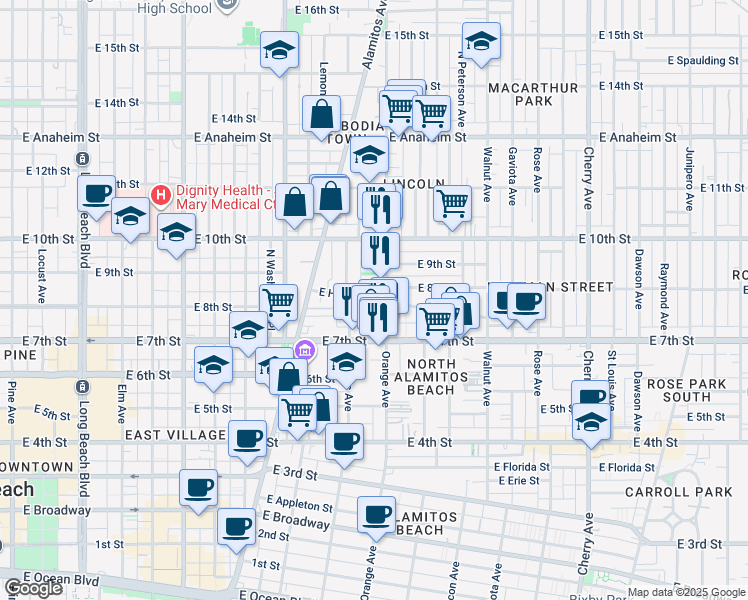 map of restaurants, bars, coffee shops, grocery stores, and more near 23 North San Pablo Court in Long Beach