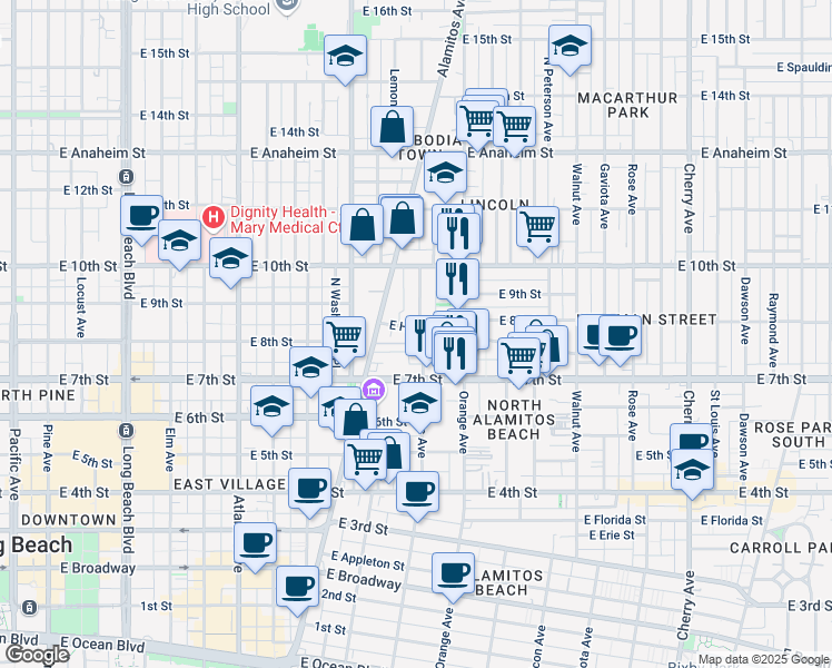 map of restaurants, bars, coffee shops, grocery stores, and more near 23 North San Pablo Court in Long Beach