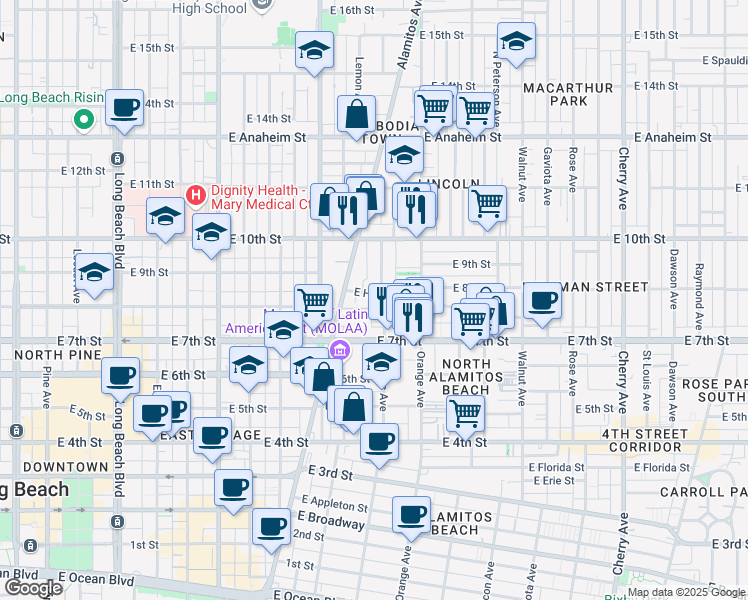 map of restaurants, bars, coffee shops, grocery stores, and more near 1012 East Hellman Street in Long Beach