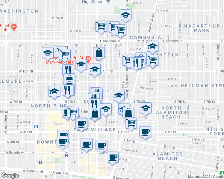 map of restaurants, bars, coffee shops, grocery stores, and more near 820 Lime Avenue in Long Beach