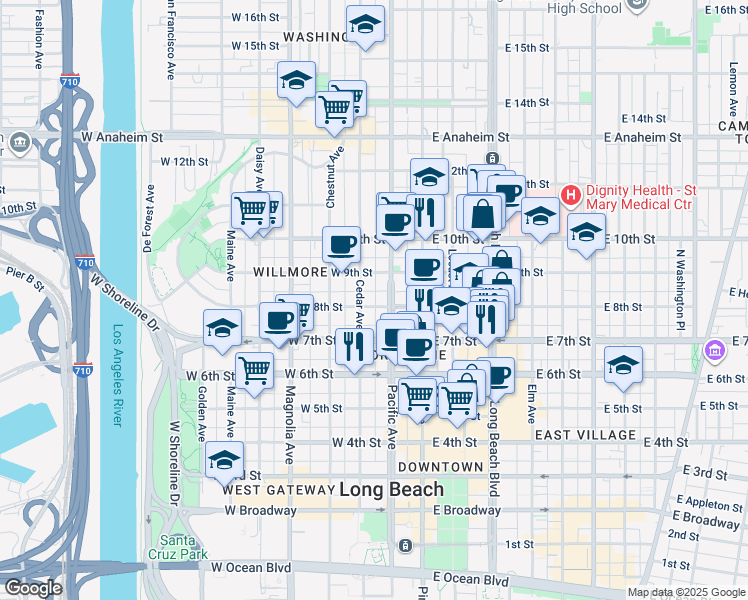 map of restaurants, bars, coffee shops, grocery stores, and more near 823 Pacific Avenue in Long Beach