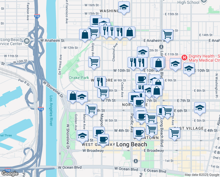 map of restaurants, bars, coffee shops, grocery stores, and more near 429 West 8th Street in Long Beach