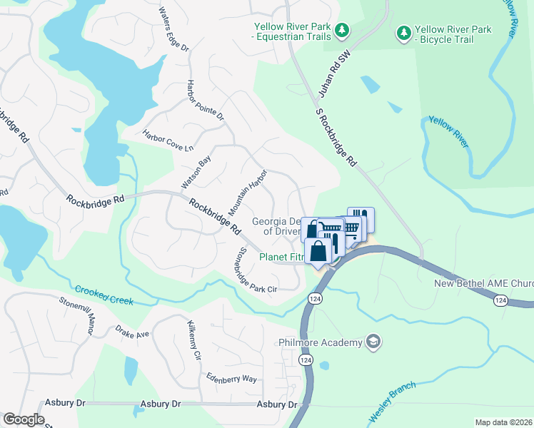 map of restaurants, bars, coffee shops, grocery stores, and more near 7522 Stonebridge Bay Court in Stone Mountain