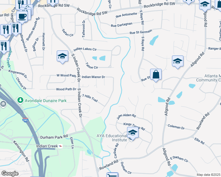 map of restaurants, bars, coffee shops, grocery stores, and more near 4153 Indian Manor Drive in Stone Mountain