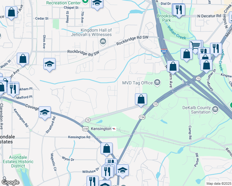 map of restaurants, bars, coffee shops, grocery stores, and more near 614 Harrington Hills in Decatur