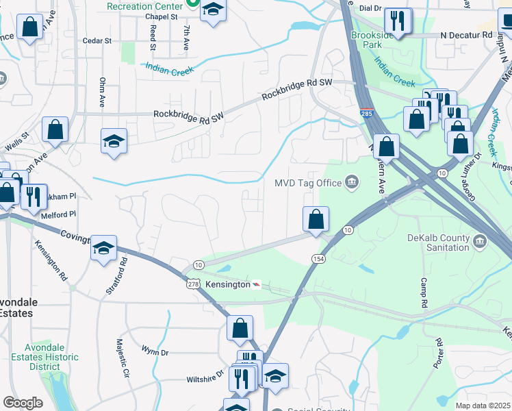 map of restaurants, bars, coffee shops, grocery stores, and more near 613 Harrington Hills in Decatur