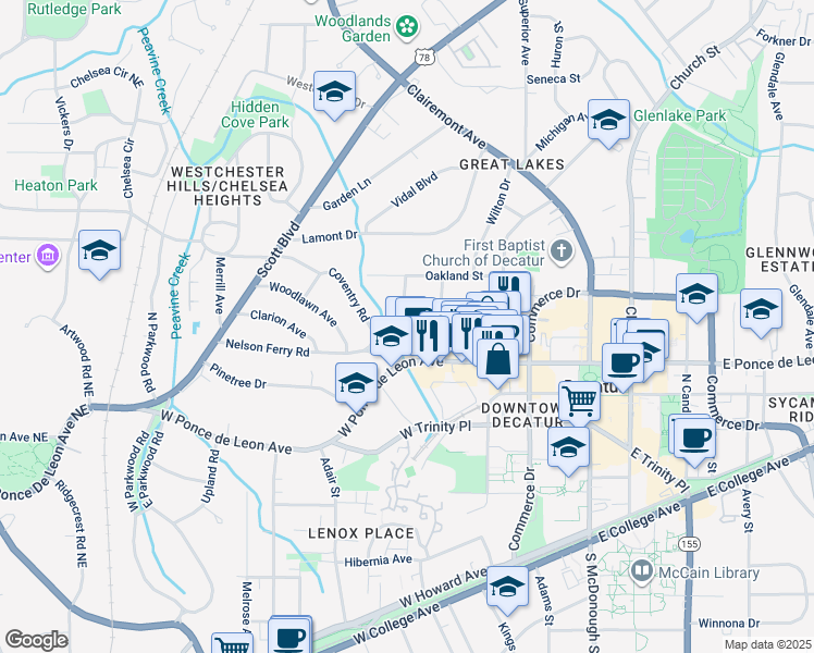map of restaurants, bars, coffee shops, grocery stores, and more near 320 Montgomery Street in Decatur