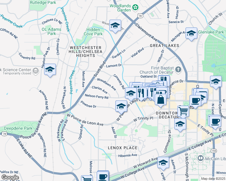 map of restaurants, bars, coffee shops, grocery stores, and more near 134 Woodlawn Avenue in Decatur