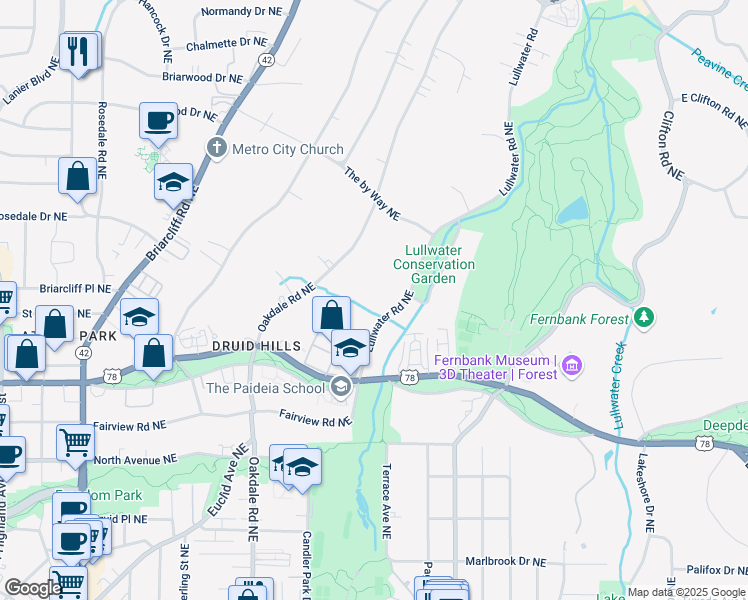 map of restaurants, bars, coffee shops, grocery stores, and more near 808 Lullwater Road Northeast in Atlanta