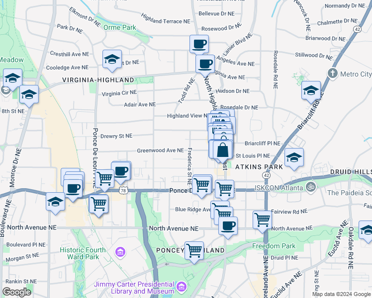 map of restaurants, bars, coffee shops, grocery stores, and more near 974 Greenwood Avenue Northeast in Atlanta
