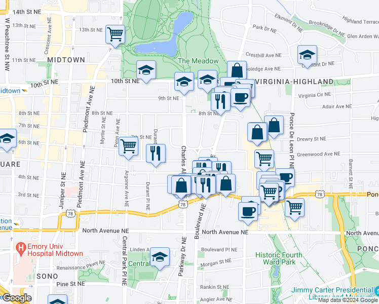 map of restaurants, bars, coffee shops, grocery stores, and more near 453 Greenwood Avenue Northeast in Atlanta