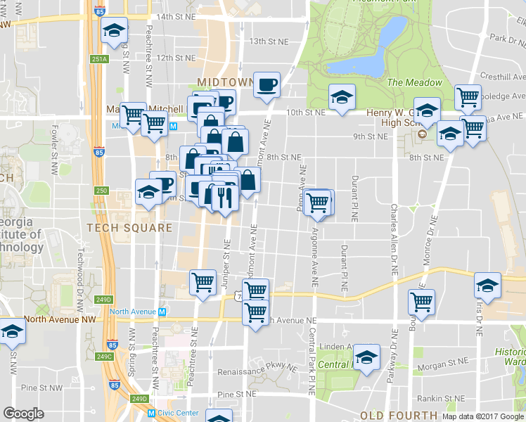 map of restaurants, bars, coffee shops, grocery stores, and more near 821 Piedmont Avenue Northeast in Atlanta
