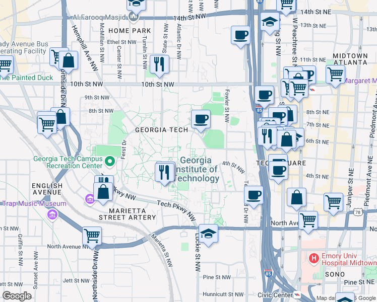 map of restaurants, bars, coffee shops, grocery stores, and more near 801 Atlantic Drive Northwest in Atlanta
