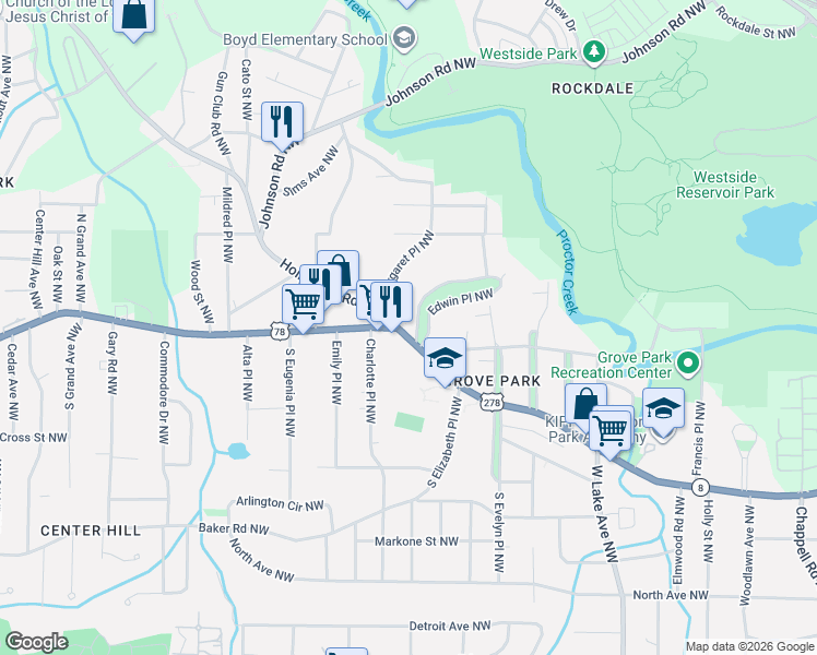 map of restaurants, bars, coffee shops, grocery stores, and more near 1985 B Donald Lee Hollowell Parkway Northwest in Atlanta