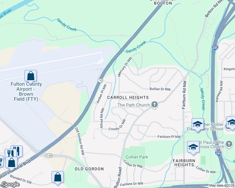 map of restaurants, bars, coffee shops, grocery stores, and more near 3694 Saturn Drive Northwest in Atlanta
