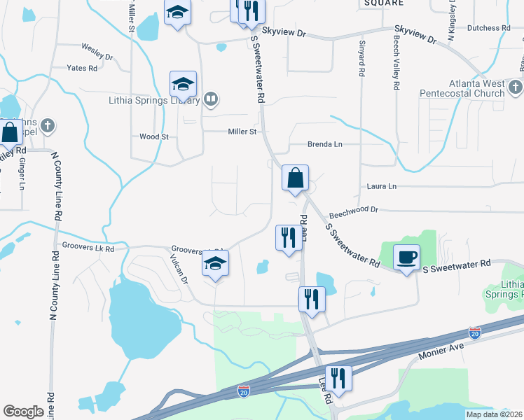 map of restaurants, bars, coffee shops, grocery stores, and more near 7319 Groovers Lake Road in Lithia Springs