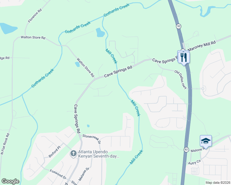 map of restaurants, bars, coffee shops, grocery stores, and more near 6288 Gothards Lane in Douglasville
