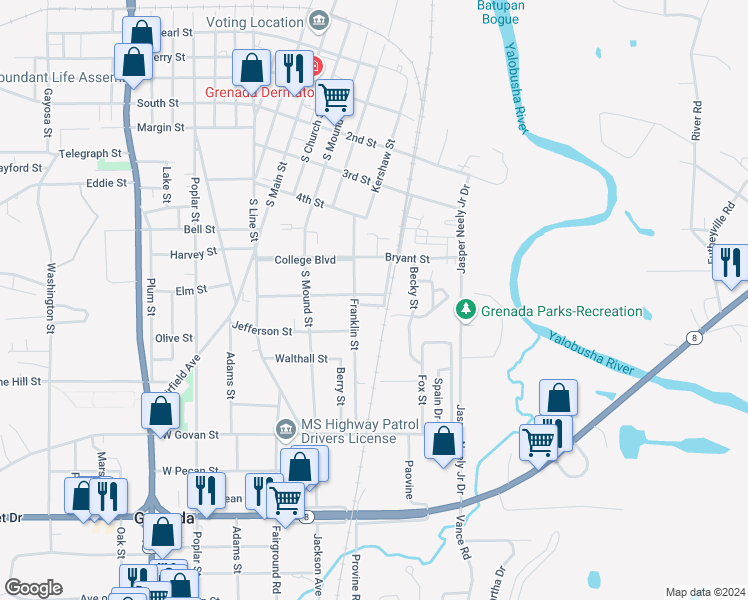 map of restaurants, bars, coffee shops, grocery stores, and more near 598 McMullen Alley in Grenada