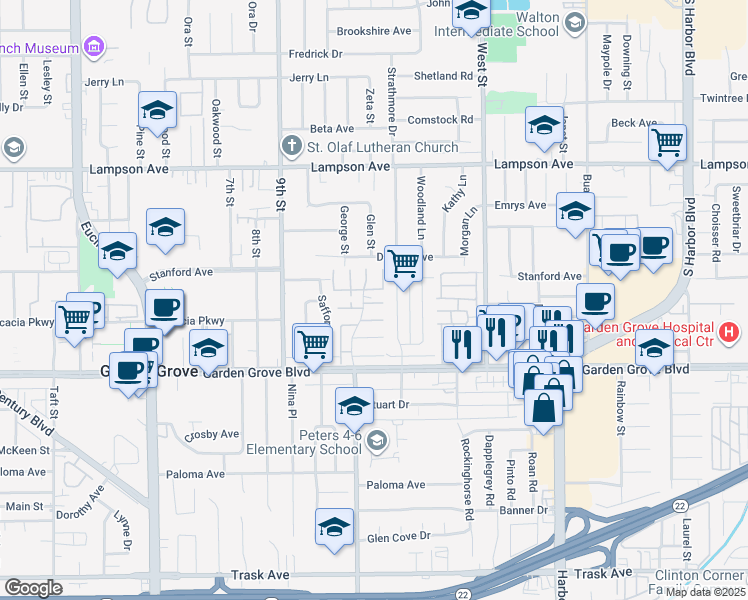 map of restaurants, bars, coffee shops, grocery stores, and more near 11736 Rose Drive in Garden Grove