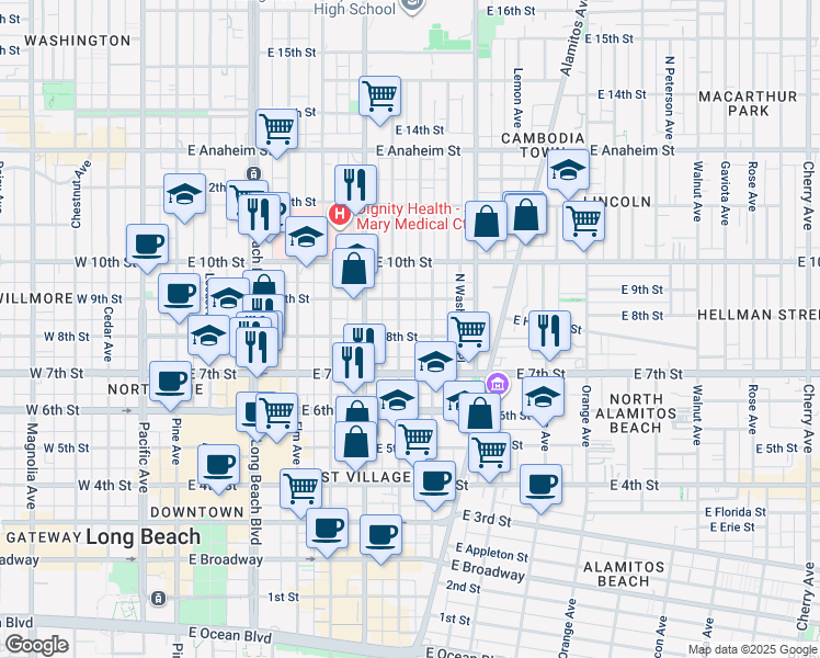 map of restaurants, bars, coffee shops, grocery stores, and more near 717 East 8th Street in Long Beach