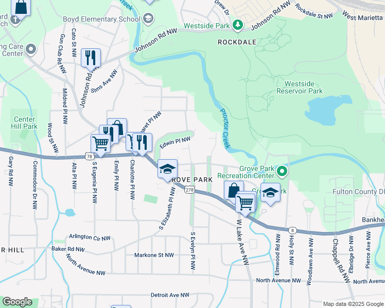 map of restaurants, bars, coffee shops, grocery stores, and more near 795 North Evelyn Place Northwest in Atlanta