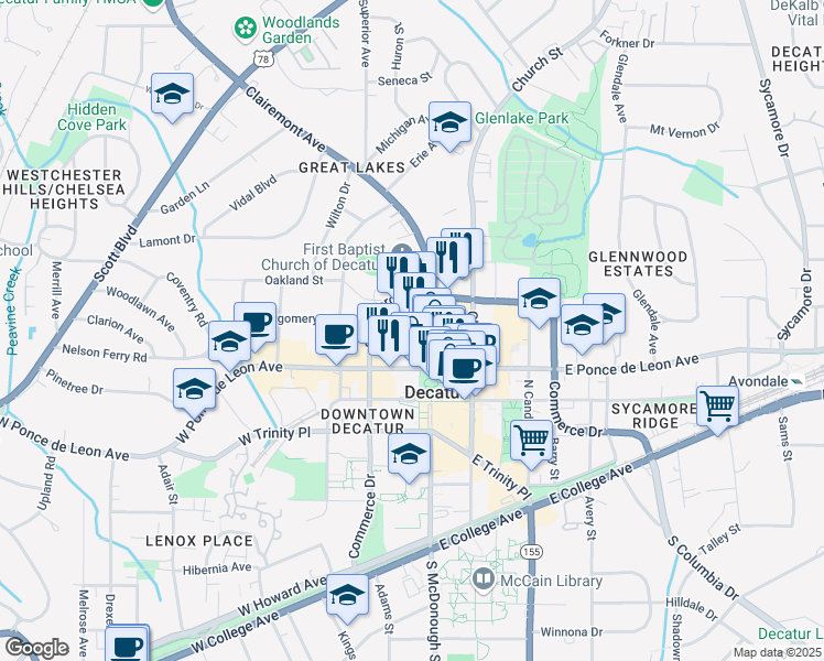 map of restaurants, bars, coffee shops, grocery stores, and more near 130 Clairemont Avenue in Decatur