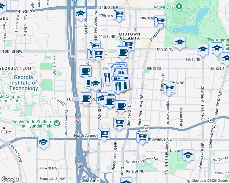 map of restaurants, bars, coffee shops, grocery stores, and more near 800 Peachtree Street Northeast in Atlanta