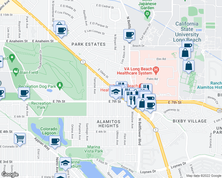 map of restaurants, bars, coffee shops, grocery stores, and more near 5510 California 1 in Long Beach