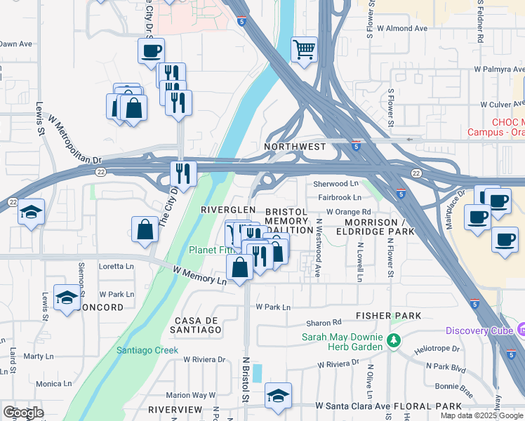 map of restaurants, bars, coffee shops, grocery stores, and more near 2915 North Bristol Street in Santa Ana