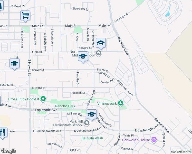 map of restaurants, bars, coffee shops, grocery stores, and more near 1069 Las Rosas Drive South in San Jacinto